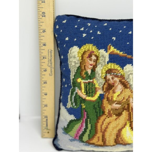 Vintage Needlepoint Velvet Pillow – Musical Angels Christmas Decor – 9.5″ × 10″ - Picture 3 of 5